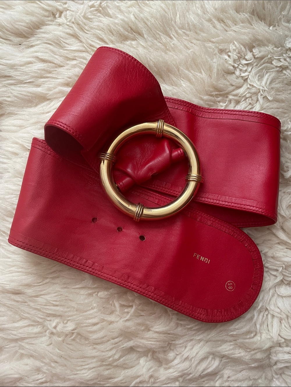 Fendi Red Leather Wide Belt with Gold Round Buckle